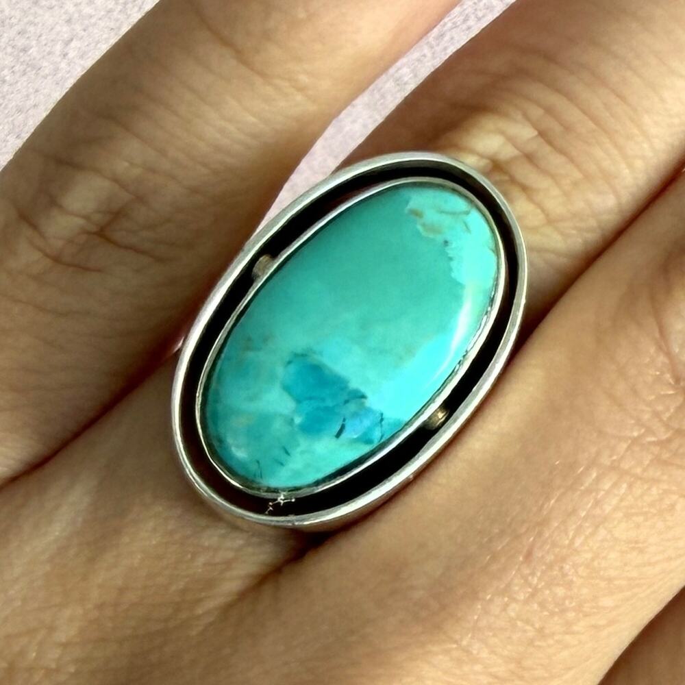 sterling silver vintage two-sided turquoise & lapis ring size 5.5